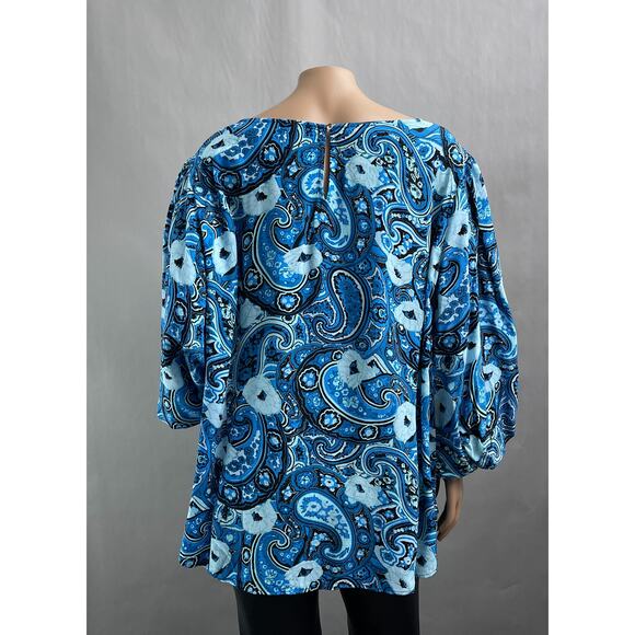 Talbots Plus Top Women 2X Blue Floral Print Popover Blouse Puff Sleeve Viscose - Picture 4 of 10